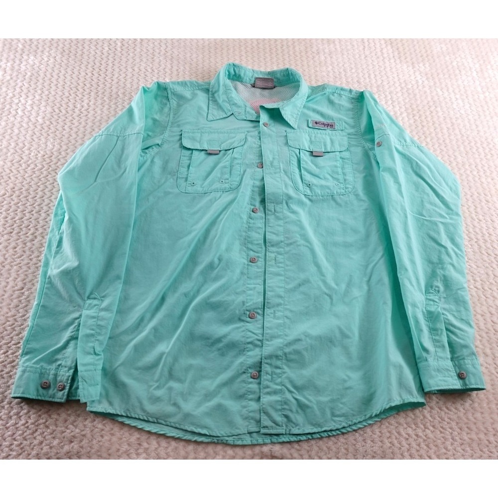 COLUMBIA PFG Men's Sz XL Teal Long-Sleeve "BPT" HOT PINK Monogram Omni-Shield